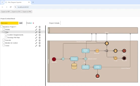 ASP.NET MVC Diagram Control integrated into a web application with an open export dialog for various formats like PDF, PNG, SVG, and Visio.