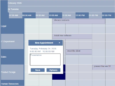 A resource management chart built with the JavaScript schedule library.