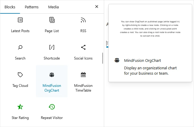 Add a new instance of the OrgChart WordPress plugin to your page or blog post